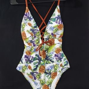 Tropical Print one piece swimsuit size S green purple brown lace up